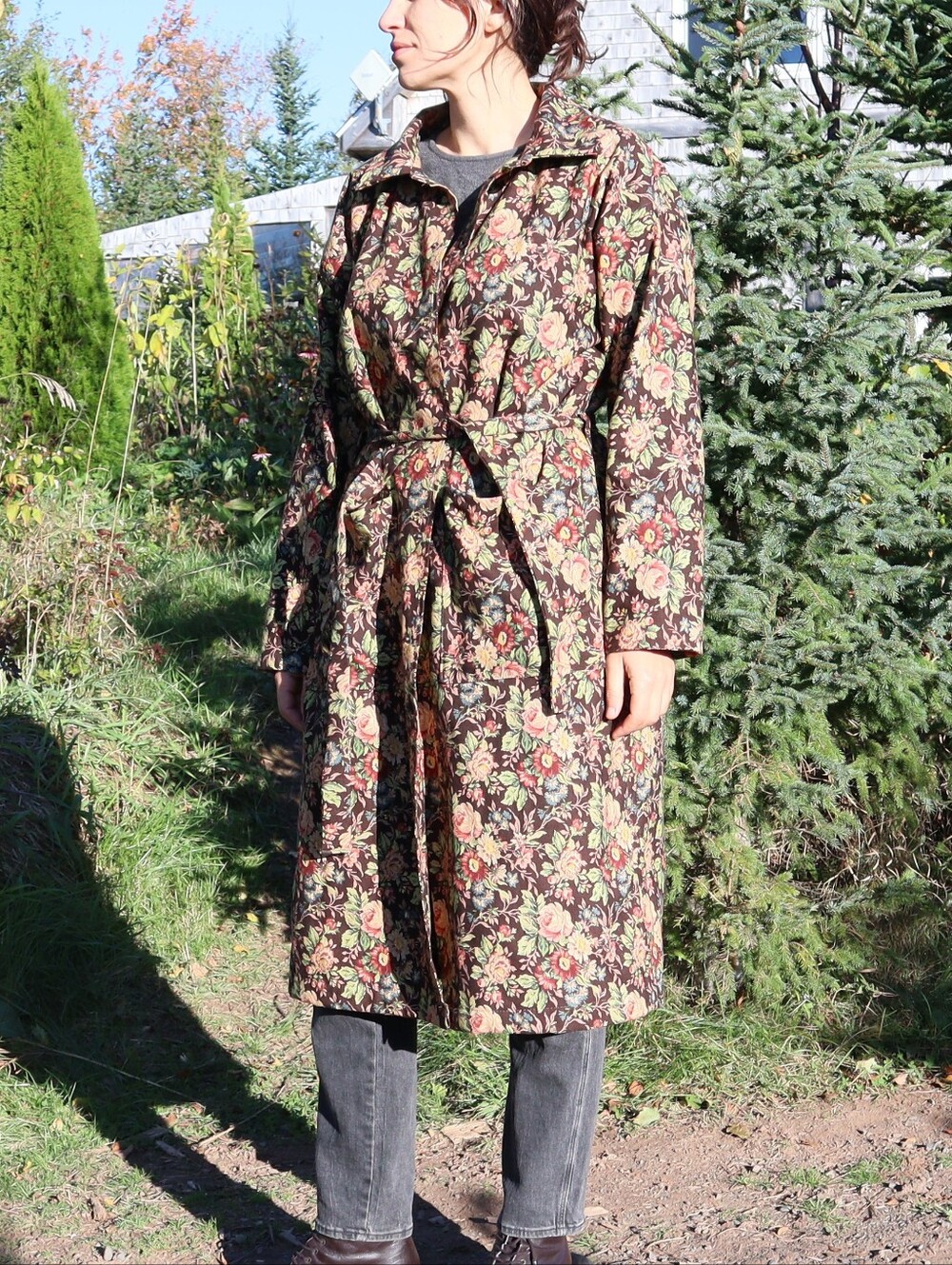 Floral Print Belted Trench Coat - Brown